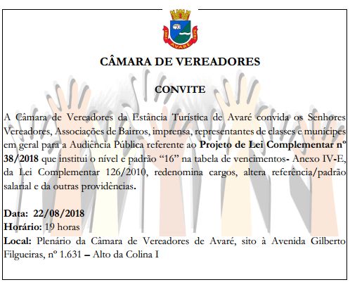 Convite: Audiência Pública sobre Projeto de Lei Complementar nº 38/2018 