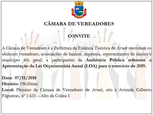 Convite: Audiência Pública Lei Orçamentária Anual (LOA) 2019
