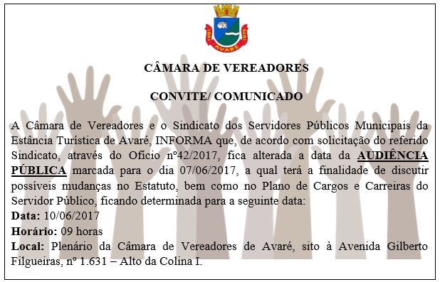 Convite: audiência pública Plano Cargos e Carreiras da Prefeitura