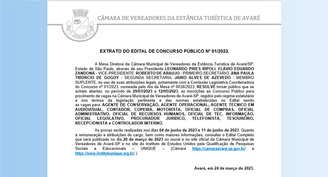 Concurso Público para provimento de vagas na Câmara Municipal de Vereadores de Avaré-SP