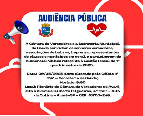 Câmara sedia Audiência Pública da Saúde no próximo dia 30, sexta-feira